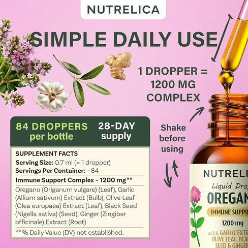 Oregano Oil with Garlic Extract, Olive Leaf, Black Seed Oil & Ginger – Immune Support & Wellness – 1200mg, No Sugar, Alcohol-Free, Vegan, Non-GMO in Saudi Arabia
