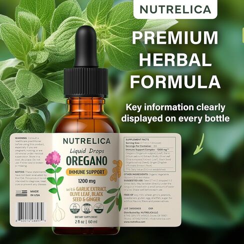 Oregano Oil with Garlic Extract, Olive Leaf, Black Seed Oil & Ginger – Immune Support & Wellness – 1200mg, No Sugar, Alcohol-Free, Vegan, Non-GMO in Saudi Arabia