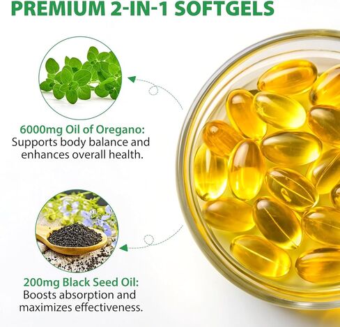 Oil of Oregano with Black Seed Oil Softgels 6000mg – 120 Count Oil of Oregano Dietary Supplement Formulated – Non-GMO, Gluten Free, Easy-to-Swallow Capsules for Daily Wellness Support in Kuwait