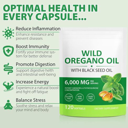 Oil of Oregano with Black Seed Oil Softgels 6000mg – 120 Count Oil of Oregano Dietary Supplement Formulated – Non-GMO, Gluten Free, Easy-to-Swallow Capsules for Daily Wellness Support in Kuwait
