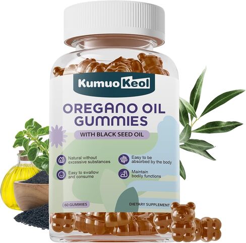 Oil of Oregano with Black Seed Oil Gummies, Oregano Oil Gummies, Black Seed Oil Supplements with Elderberry, Olive Leaf, Zinc, Vitamin D3, Vitamin E, Immune Digestive Support, Vegan Non GMO, 60 Counts in Kuwait