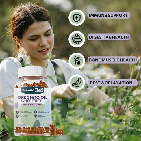 Oil of Oregano with Black Seed Oil Gummies, Oregano Oil Gummies, Black Seed Oil Supplements with Elderberry, Olive Leaf, Zinc, Vitamin D3, Vitamin E, Immune Digestive Support, Vegan Non GMO, 60 Counts in Kuwait