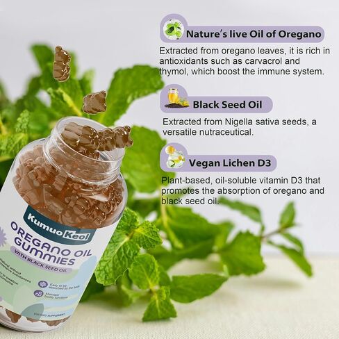 Oil of Oregano with Black Seed Oil Gummies, Oregano Oil Gummies, Black Seed Oil Supplements with Elderberry, Olive Leaf, Zinc, Vitamin D3, Vitamin E, Immune Digestive Support, Vegan Non GMO, 60 Counts in Kuwait