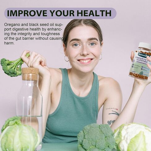 Oil of Oregano with Black Seed Oil Gummies, Oregano Oil Gummies, Black Seed Oil Supplements with Elderberry, Olive Leaf, Zinc, Vitamin D3, Vitamin E, Immune Digestive Support, Vegan Non GMO, 60 Counts in Kuwait