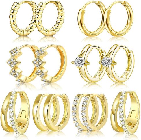 Nunpag 9 Pairs 14K Gold Plated Chunky Huggie Hoop Earrings Set for Women Hypoallergenic Stainless Steel Lightweight Small Earring Stacks for Multiple Piercings Non Tarnish Jewelry Gift Twisted 8-12mm in Saudi Arabia