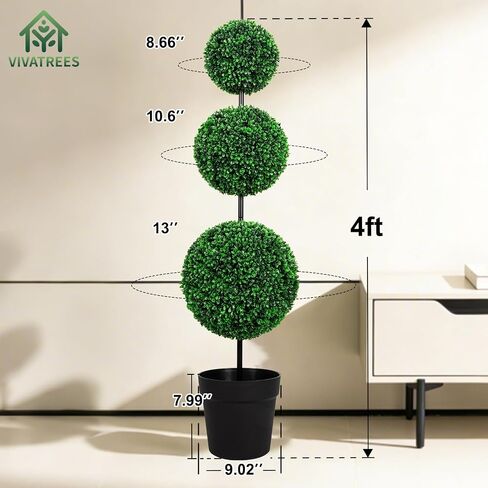 4FT Artificial Triple Ball Topiary Trees with Gray Planter Pot, Outdoor Indoor Realistic Faux Shrubs Plants, Fake Trees for Home Offices Porch Decor, Set of 2 in Saudi Arabia