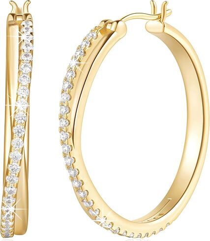 ELEBEST Hoop Earrings 14K Hoop Gold Earrings for Women Thick Large Diamond Hoops Earring Elegant X-shaped Gold Huggie Earring 30mm in Saudi Arabia