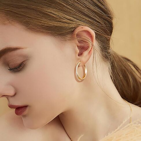 ELEBEST Hoop Earrings 14K Hoop Gold Earrings for Women Thick Large Diamond Hoops Earring Elegant X-shaped Gold Huggie Earring 30mm in Saudi Arabia