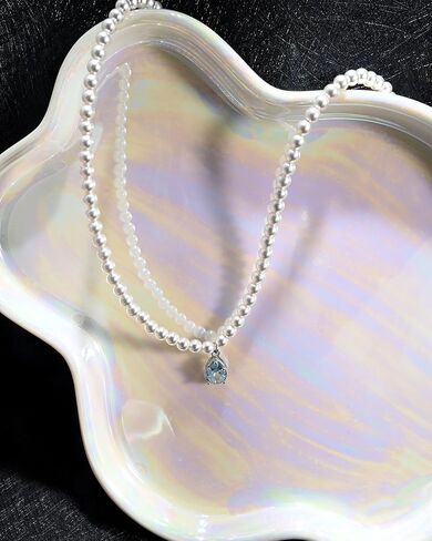Pearl Choker Necklace for Women White Beaded with Aquamarine Charm Elegant Pearl Necklace for Daily or Wedding in Kuwait