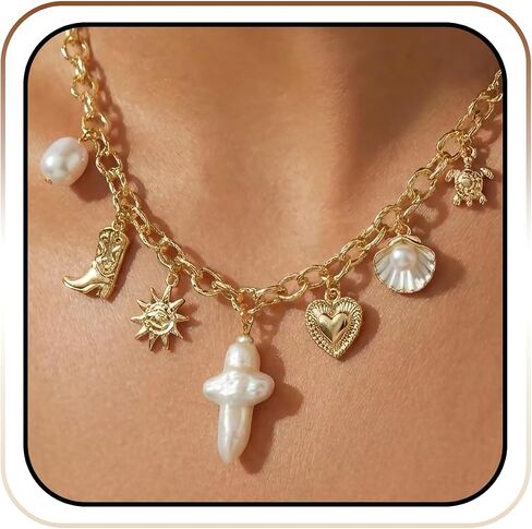 Pearl Cross Necklace Natural Freshwater for Women - Chunky Charm Big 18K Gold Plated Cross Pendant, Cute Heart Shell Baroque Pearl Beach Jewelry, Christian Meaningful Gift in Saudi Arabia