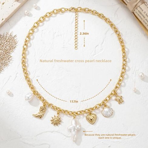 Pearl Cross Necklace Natural Freshwater for Women - Chunky Charm Big 18K Gold Plated Cross Pendant, Cute Heart Shell Baroque Pearl Beach Jewelry, Christian Meaningful Gift in Saudi Arabia