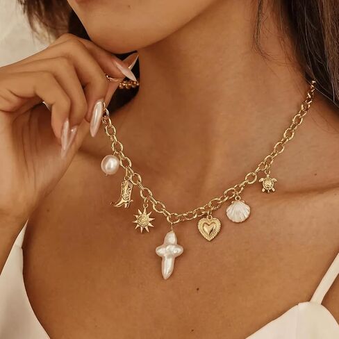 Pearl Cross Necklace Natural Freshwater for Women - Chunky Charm Big 18K Gold Plated Cross Pendant, Cute Heart Shell Baroque Pearl Beach Jewelry, Christian Meaningful Gift in Saudi Arabia