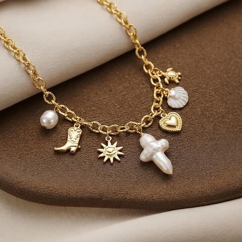 Pearl Cross Necklace Natural Freshwater for Women - Chunky Charm Big 18K Gold Plated Cross Pendant, Cute Heart Shell Baroque Pearl Beach Jewelry, Christian Meaningful Gift in Saudi Arabia