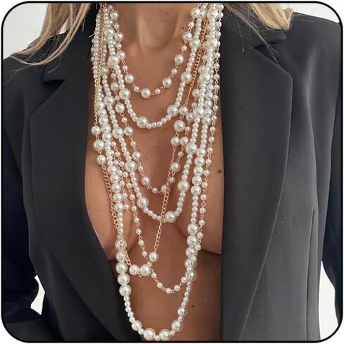 Layered Long Pearl Necklaces for Women Dainty Gold Pearl Chain Statement Necklace in Kuwait