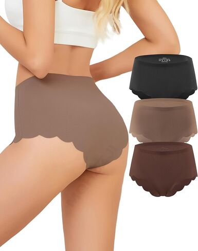 High Waisted Seamless Underwear for Women No Show Cheeky Ribbed Bikini Panties, Breathable & Comfortable 3 Pack in Saudi Arabia