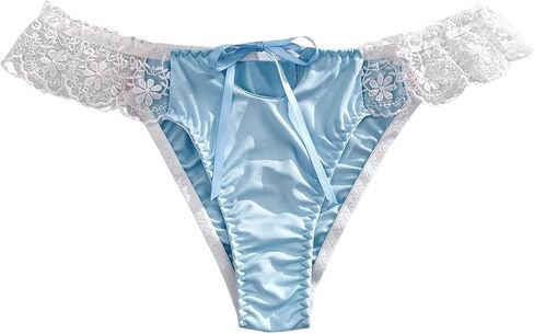 SHENHE Women's Lace Satin Underwear Ruffle Trim Tie Bow Low Rise Silky Bikini Panty in Kuwait