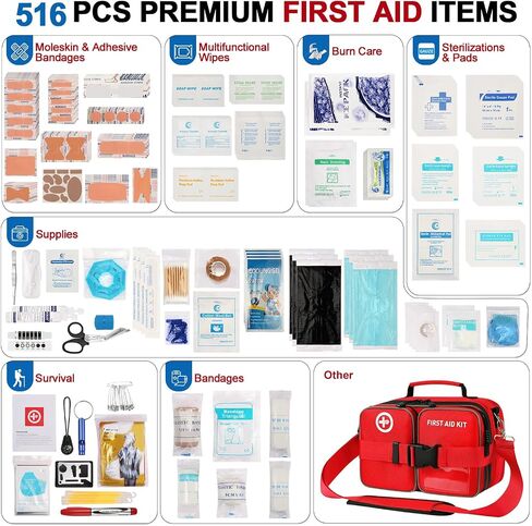 Premium 516 Piece First Aid Kit for Car, FSA Eligible HSA Store Waterproof Compact Labeled First Aid Bag with Molle Shoulder Strap, Emergency Kit for Home, Travel, Hiking, Camping, Survival in Kuwait