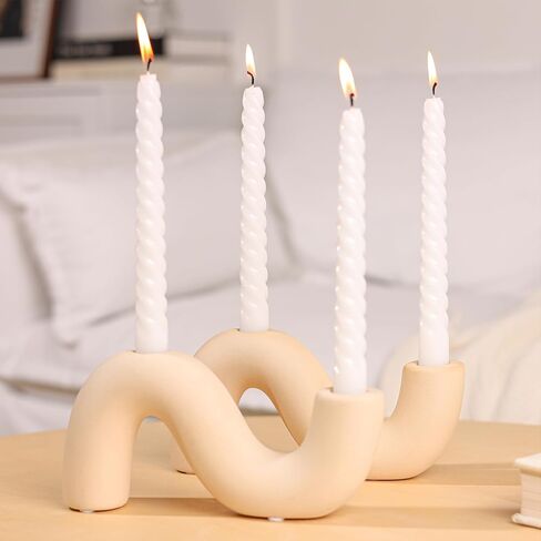 2-Pack White Ceramic Candle Holder Set, Modern Taper Candlestick for Table Living Room Wedding – Includes 4 LED Candles in Saudi Arabia