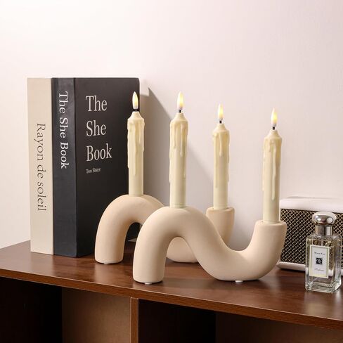 2-Pack White Ceramic Candle Holder Set, Modern Taper Candlestick for Table Living Room Wedding – Includes 4 LED Candles in Saudi Arabia