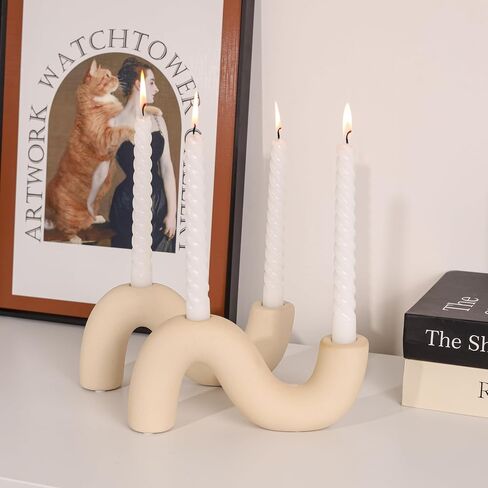 2-Pack White Ceramic Candle Holder Set, Modern Taper Candlestick for Table Living Room Wedding – Includes 4 LED Candles in Saudi Arabia