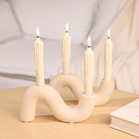 2-Pack White Ceramic Candle Holder Set, Modern Taper Candlestick for Table Living Room Wedding – Includes 4 LED Candles in Saudi Arabia