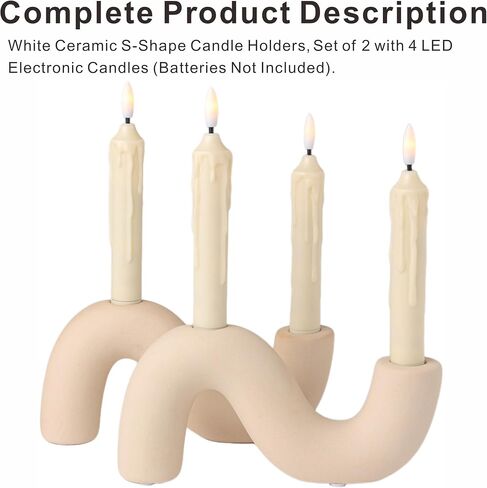 2-Pack White Ceramic Candle Holder Set, Modern Taper Candlestick for Table Living Room Wedding – Includes 4 LED Candles in Saudi Arabia