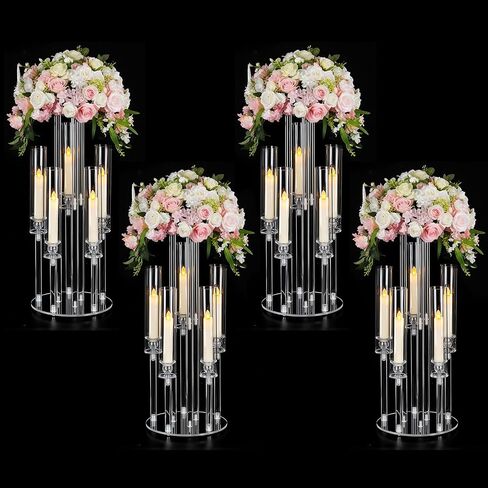 4PCS Acrylic Candelabra Flower Stand Centerpieces, Clear 5 Arm | 2 in 1 Acrylic wedding Centerpieces Stand for Birthday Party Event Decor, Fit LED Candle in Saudi Arabia