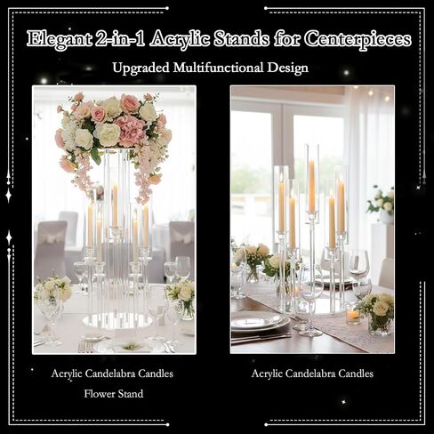 4PCS Acrylic Candelabra Flower Stand Centerpieces, Clear 5 Arm | 2 in 1 Acrylic wedding Centerpieces Stand for Birthday Party Event Decor, Fit LED Candle in Saudi Arabia
