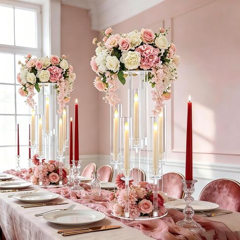 4PCS Acrylic Candelabra Flower Stand Centerpieces, Clear 5 Arm | 2 in 1 Acrylic wedding Centerpieces Stand for Birthday Party Event Decor, Fit LED Candle in Saudi Arabia