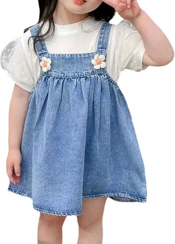 Girls Casual Denim Overalls Stretch Floral Dress Toddler Button Sleeveless Ajustable Strap Jean Fashion Wear Cute Sundress in Kuwait