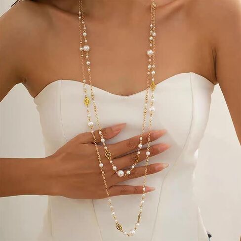 Long Pearl Necklaces for Women, Long Chain Necklace, Trendy Dainty and Gold Necklace Dainty Gold And Layered Pearl Necklace Flower Statement Sweater Strand Choker Silver Chain in Kuwait