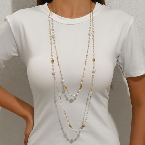 Long Pearl Necklaces for Women, Long Chain Necklace, Trendy Dainty and Gold Necklace Dainty Gold And Layered Pearl Necklace Flower Statement Sweater Strand Choker Silver Chain in Kuwait