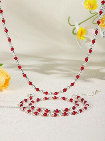 XIJIN Red Beaded Pearl Necklaces for Women Waterproof Stretch Beaded Anklet Gold Silver Jewelry Set in Saudi Arabia