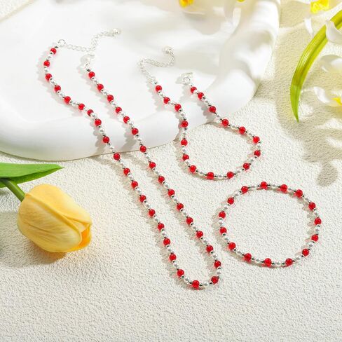 XIJIN Red Beaded Pearl Necklaces for Women Waterproof Stretch Beaded Anklet Gold Silver Jewelry Set in Saudi Arabia