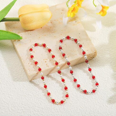 XIJIN Red Beaded Pearl Necklaces for Women Waterproof Stretch Beaded Anklet Gold Silver Jewelry Set in Saudi Arabia