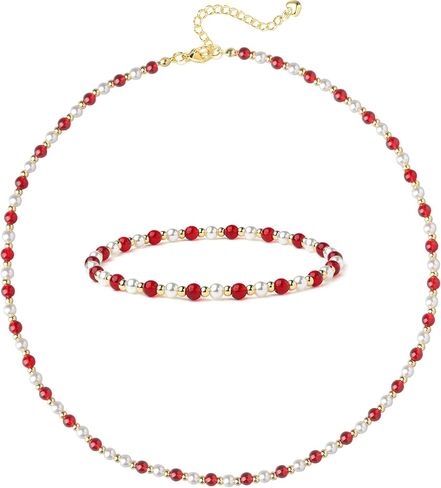 XIJIN Red Beaded Pearl Necklaces for Women Waterproof Stretch Beaded Anklet Gold Silver Jewelry Set in Saudi Arabia