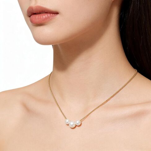 Dainty Pearl Necklace for Women, 14K Gold Plated Simple Choker with 3 Freshwater Pearls, Minimalist Layering Jewelry Gift for Mom, Wife, Girlfriend in Saudi Arabia