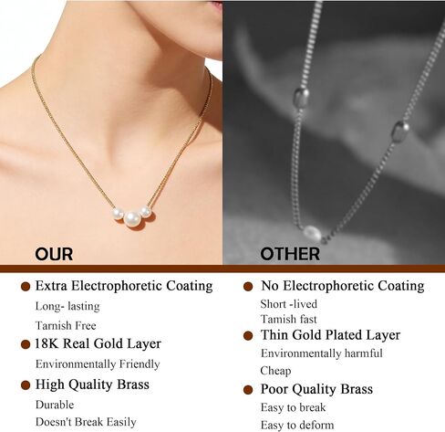 Dainty Pearl Necklace for Women, 14K Gold Plated Simple Choker with 3 Freshwater Pearls, Minimalist Layering Jewelry Gift for Mom, Wife, Girlfriend in Saudi Arabia