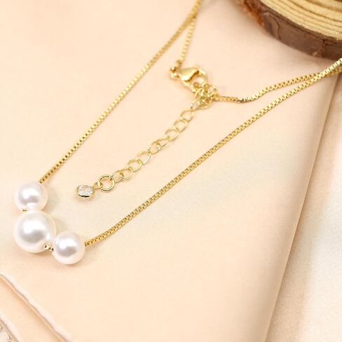 Dainty Pearl Necklace for Women, 14K Gold Plated Simple Choker with 3 Freshwater Pearls, Minimalist Layering Jewelry Gift for Mom, Wife, Girlfriend in Saudi Arabia
