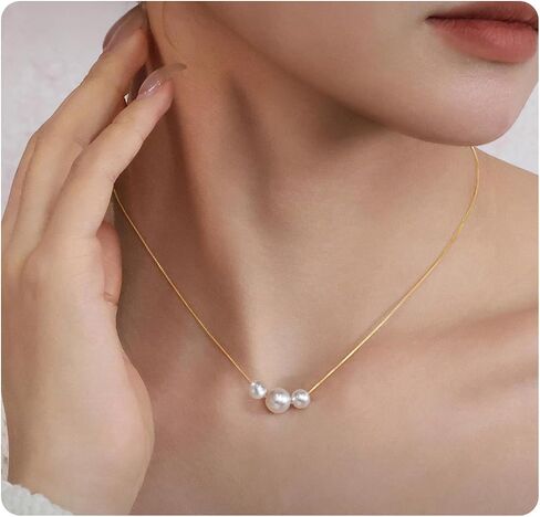 Dainty Pearl Necklace for Women, 14K Gold Plated Simple Choker with 3 Freshwater Pearls, Minimalist Layering Jewelry Gift for Mom, Wife, Girlfriend in Saudi Arabia