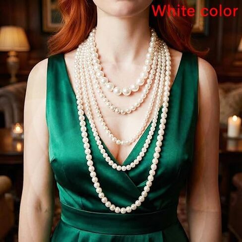 Pearl Necklace Multi Long Strand Layered Pearl Necklaces Chunky Large White Faux Pearls Costume Jewelry Vintage Multistrand Necklace Stacked Strands for Women in Saudi Arabia