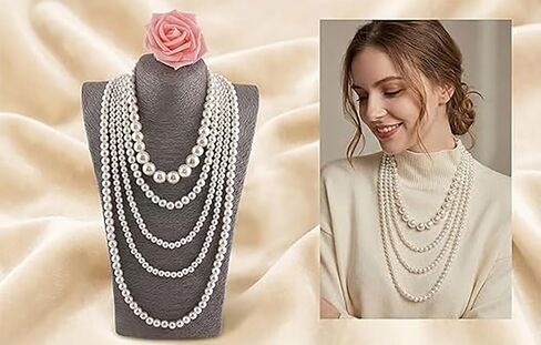 Pearl Necklace Multi Long Strand Layered Pearl Necklaces Chunky Large White Faux Pearls Costume Jewelry Vintage Multistrand Necklace Stacked Strands for Women in Saudi Arabia