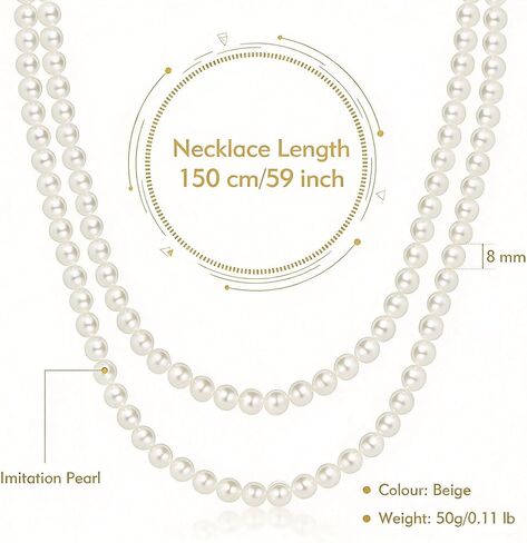 Long Pearl Necklace for Women, 2-Row Faux Pearl Strand, Elegant Costume Jewelry for Weddings & Formals, Classic White Bead Accessory in Kuwait