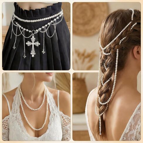 Long Pearl Necklace for Women, 2-Row Faux Pearl Strand, Elegant Costume Jewelry for Weddings & Formals, Classic White Bead Accessory in Kuwait