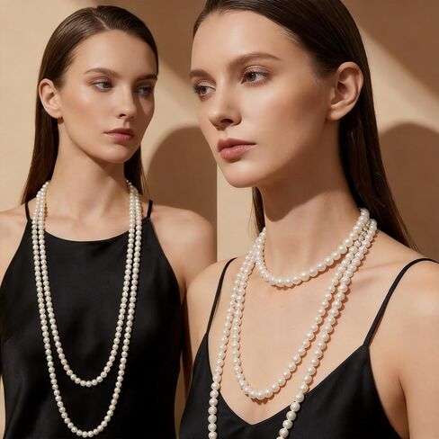 Long Pearl Necklace for Women, 2-Row Faux Pearl Strand, Elegant Costume Jewelry for Weddings & Formals, Classic White Bead Accessory in Kuwait