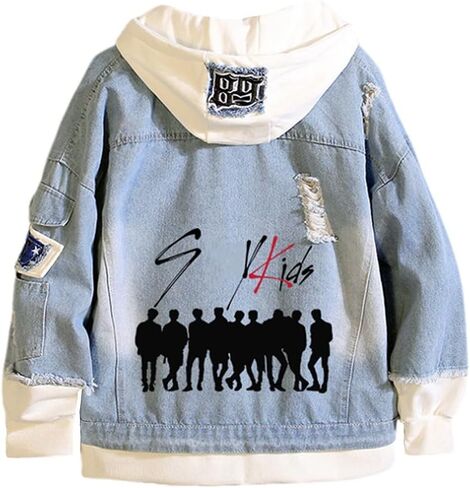 SKZ Hoodie Denim Jacket Stray Distressed Ripped Jean Jacket Patchwork Long Sleeve Hooded Trucker Jackets for Women Men in Saudi Arabia