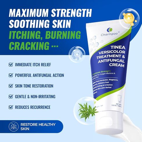 CHARMPOO Clotrimazole 1% Antifungal Cream for Tinea Versicolor, 3.53 oz | Ringworm and jock itch care; tea tree, myrrh, ceramides and glycerin; fast-absorbing for chest, back, neck. in Saudi Arabia