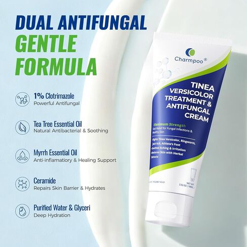 CHARMPOO Clotrimazole 1% Antifungal Cream for Tinea Versicolor, 3.53 oz | Ringworm and jock itch care; tea tree, myrrh, ceramides and glycerin; fast-absorbing for chest, back, neck. in Saudi Arabia