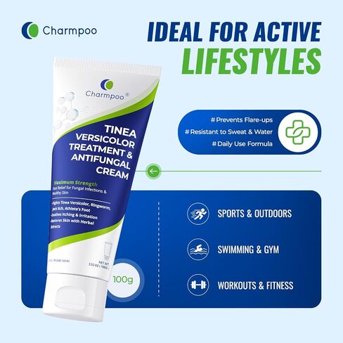 CHARMPOO Clotrimazole 1% Antifungal Cream for Tinea Versicolor, 3.53 oz | Ringworm and jock itch care; tea tree, myrrh, ceramides and glycerin; fast-absorbing for chest, back, neck. in Saudi Arabia