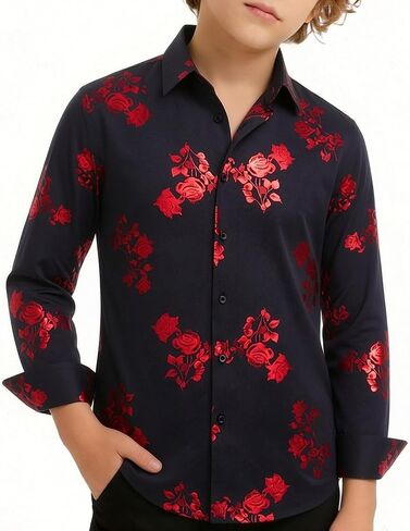 Hi-Tie Boys Shiny Floral Paisley Dress Shirts Long Sleeve Button Down Kids Luxury Metallic Printed 70s Disco Party Shirt in Kuwait